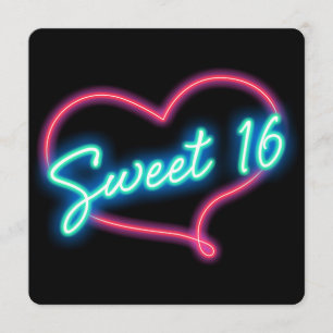 Neon Glow Heart SWEET 16 Verjaardagsfeest Uitnodig Kaart