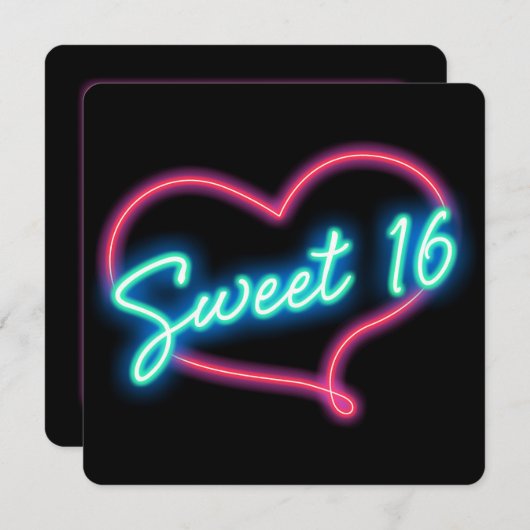 Neon Glow Heart SWEET 16 verjaardagsfeestje uitnod Kaart (Voorkant / Achterkant)