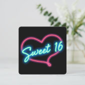 Neon Glow Heart SWEET 16 verjaardagsfeestje uitnod Kaart (Staand voorkant)
