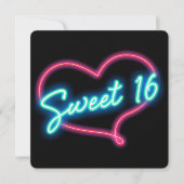 Neon Glow Heart SWEET 16 verjaardagsfeestje uitnod Kaart (Voorkant)