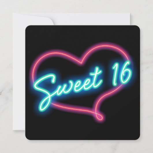 Neon Glow Heart SWEET 16 verjaardagsfeestje uitnod Kaart (Voorkant)