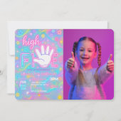 Neon Glow High Five 5th Birthday Party Foto Kaart (Voorkant)