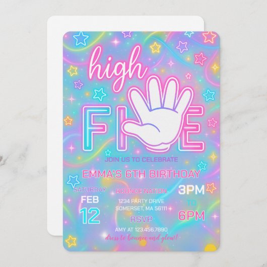 Neon Glow High Five 5th Birthday Party-uitnodiging Kaart (Voorkant / Achterkant)