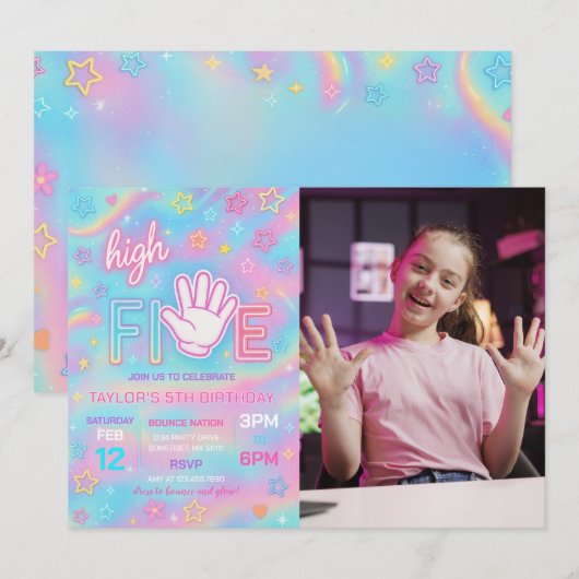 Neon Glow High Five verjaardagsfeestje foto Kaart (Voorkant / Achterkant)