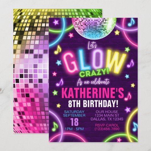 Neon Glow in the Dark Birthday Party Invitation Kaart (Voorkant / Achterkant)