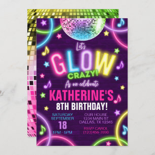 Neon Glow in the Dark Birthday Party Invitation Kaart
