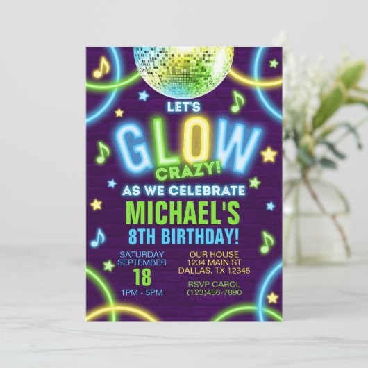 Neon Glow in the Dark Birthday Party Invitation Kaart (Staand voorkant)