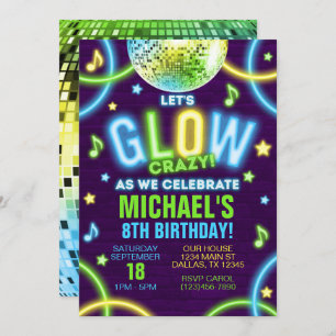 Neon Glow in the Dark Birthday Party Invitation Kaart