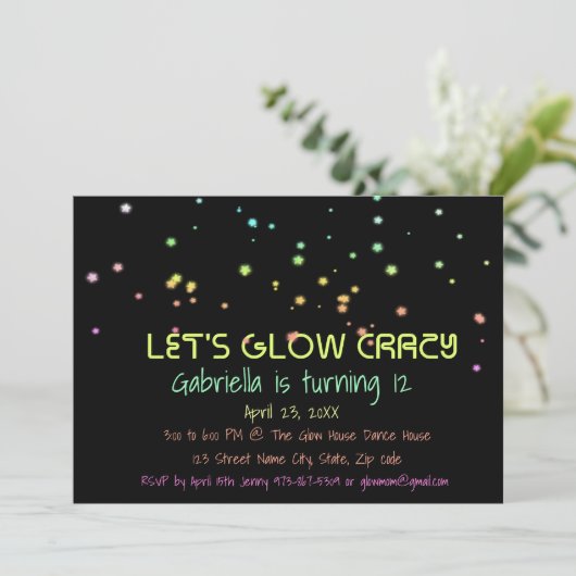 Neon Glow in the Dark Birthday Party Invitation Kaart (Staand voorkant)