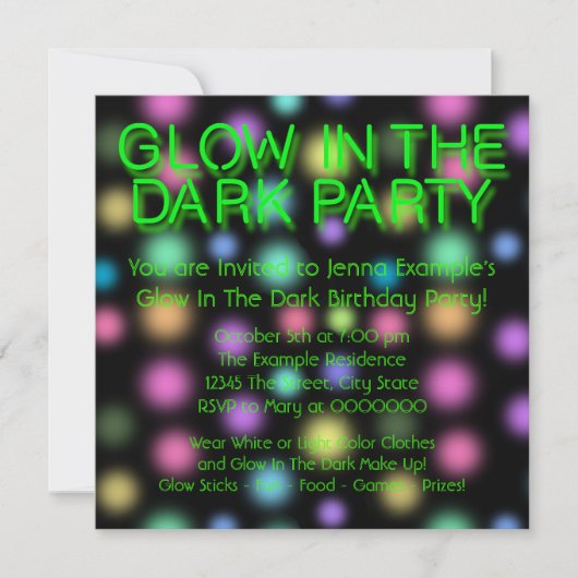 Neon Glow in the Dark Birthday Party Kaart (Voorkant)