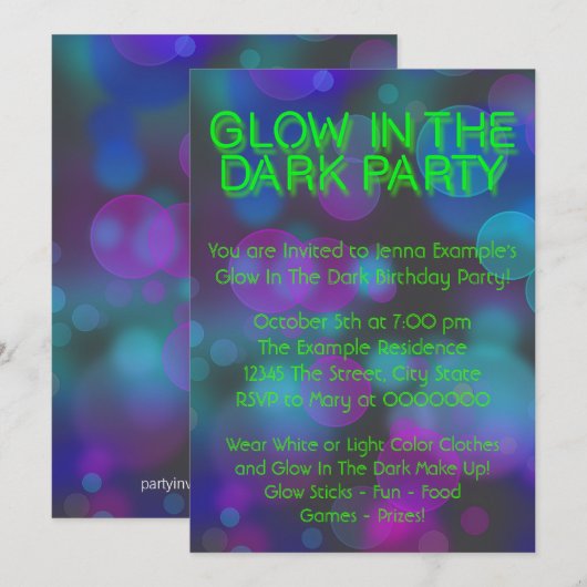 Neon Glow in the Dark Birthday Party Kaart (Voorkant / Achterkant)