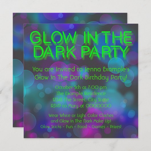 Neon Glow in the Dark Birthday Party Kaart (Voorkant / Achterkant)