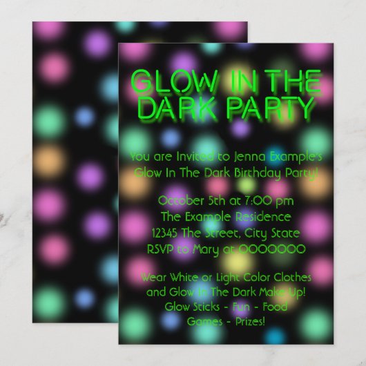 Neon Glow in the Dark Birthday Party Kaart (Voorkant / Achterkant)