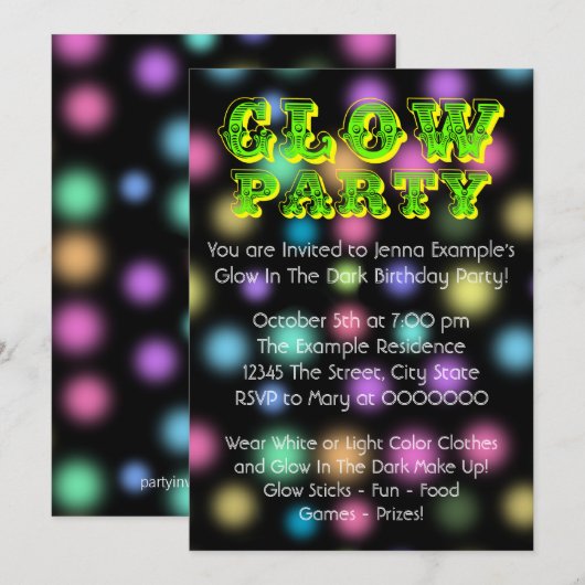 Neon Glow in the Dark Birthday Party Kaart (Voorkant / Achterkant)