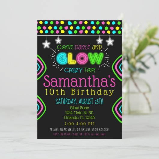 Neon Glow in the Dark Kids Birthday Party Invite Kaart (Staand voorkant)