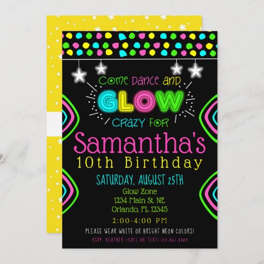 Neon Glow in the Dark Kids Birthday Party Invite Kaart (Voorkant / Achterkant)