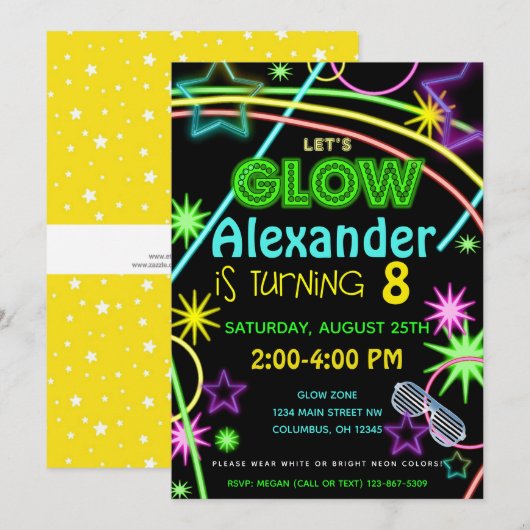 Neon Glow in the Dark Kids Birthday Party Invite Kaart (Voorkant / Achterkant)