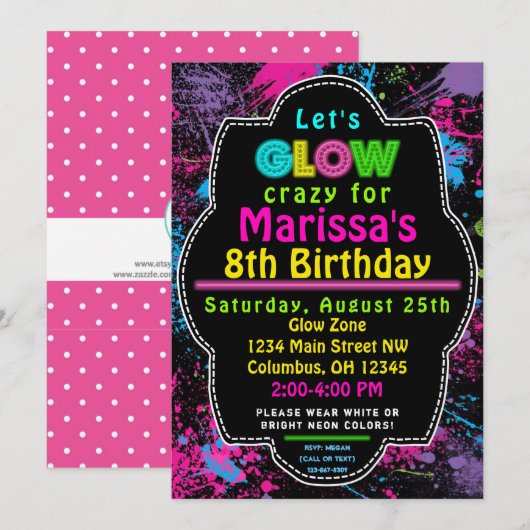 Neon Glow in the Dark Kids Birthday Party Invite Kaart (Voorkant / Achterkant)