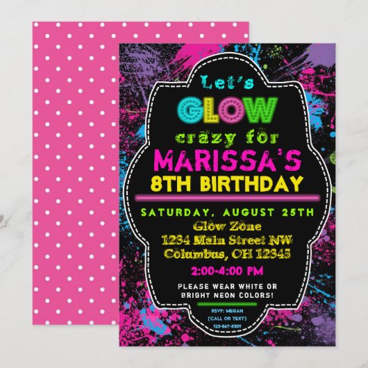 Neon Glow in the Dark Kids Birthday Party Invite Kaart (Voorkant / Achterkant)