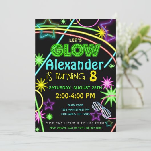 Neon Glow in the Dark Kids Birthday Party Invite Kaart (Staand voorkant)
