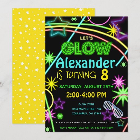 Neon Glow in the Dark Kids Birthday Party Invite Kaart (Voorkant / Achterkant)