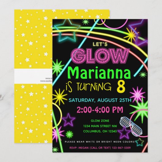 Neon Glow in the Dark Kids Birthday Party Invite Kaart (Voorkant / Achterkant)