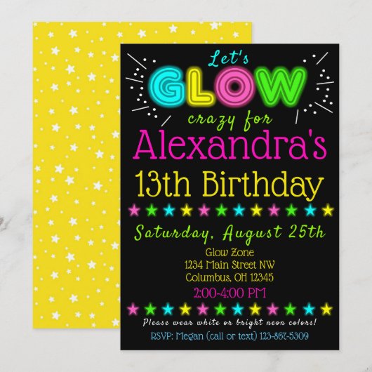 Neon Glow in the Dark Kids Birthday Party Invite Kaart (Voorkant / Achterkant)