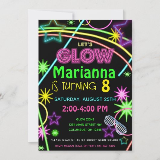 Neon Glow in the Dark Kids Birthday Party Invite Kaart (Voorkant)