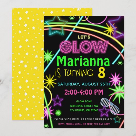 Neon Glow in the Dark Kids Birthday Party Invite Kaart (Voorkant / Achterkant)