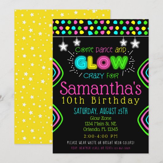 Neon Glow in the Dark Kids Birthday Party Invite Kaart (Voorkant / Achterkant)