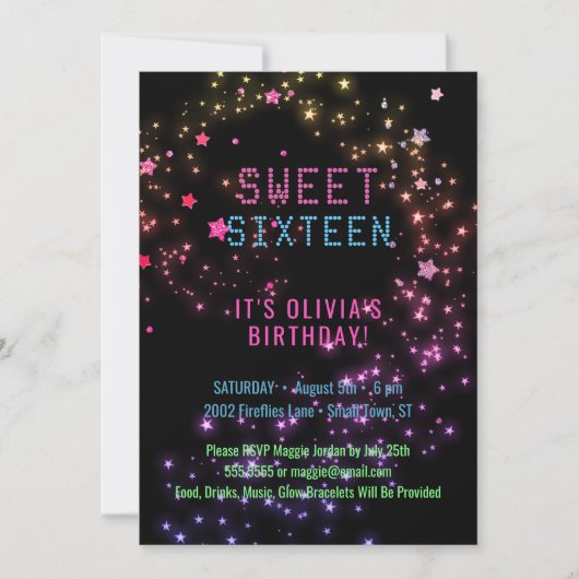 Neon Glow in the Dark Party | Sweet 16 voor sterre Kaart (Voorkant)
