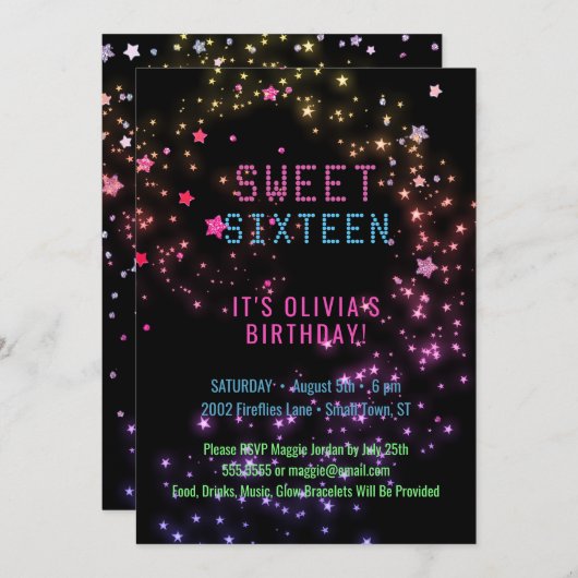 Neon Glow in the Dark Party | Sweet 16 voor sterre Kaart (Voorkant / Achterkant)