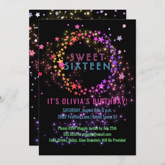 Neon Glow in the Dark Party | Zoet 16 Kaart (Voorkant / Achterkant)
