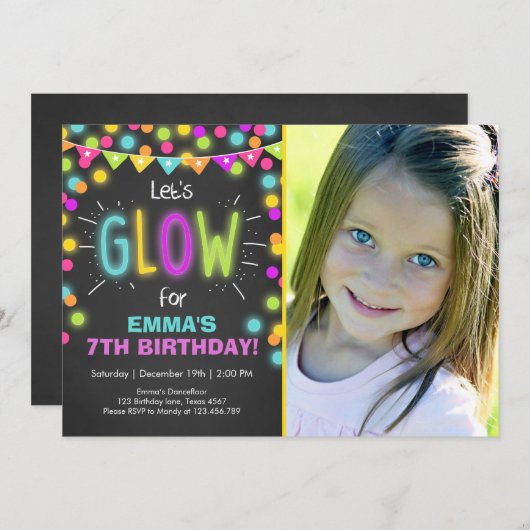 Neon Glow in the Dark Verjaardagsuitnodiging Kaart (Voorkant / Achterkant)