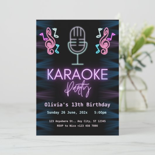 Neon Glow Karaoke Birthday Party Kaart (Staand voorkant)