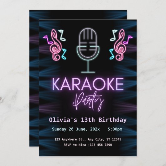 Neon Glow Karaoke Birthday Party Kaart (Voorkant / Achterkant)