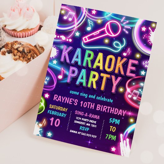 Neon Glow Karaoke Singing Music Birthday Party Kaart