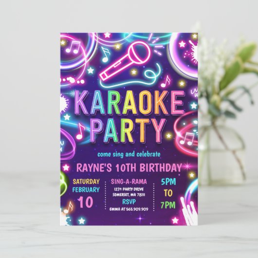Neon Glow Karaoke Singing Music Birthday Party Kaart (Staand voorkant)