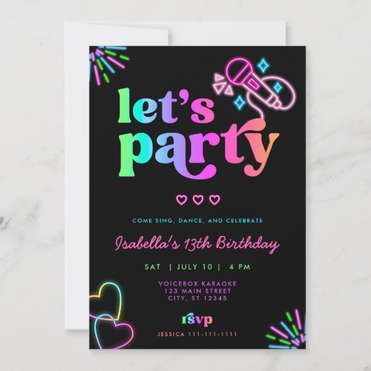 Neon Glow Karaoke Uitnodiging voor verjaardag (Voorkant)