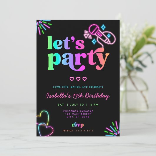 Neon Glow Karaoke Uitnodiging voor verjaardag (Staand voorkant)