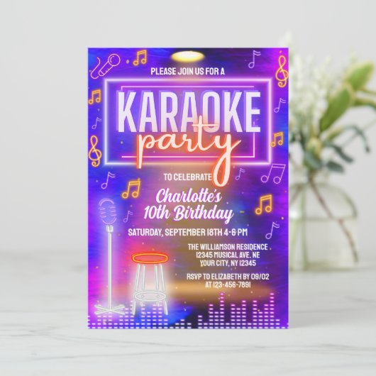 Neon Glow Karaoke Zingend Muzikaal Verjaardagsfees Kaart (Staand voorkant)