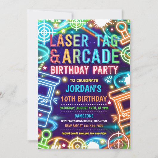 Neon Glow Laser Label en Arcade Birthday Party Kaart (Voorkant)