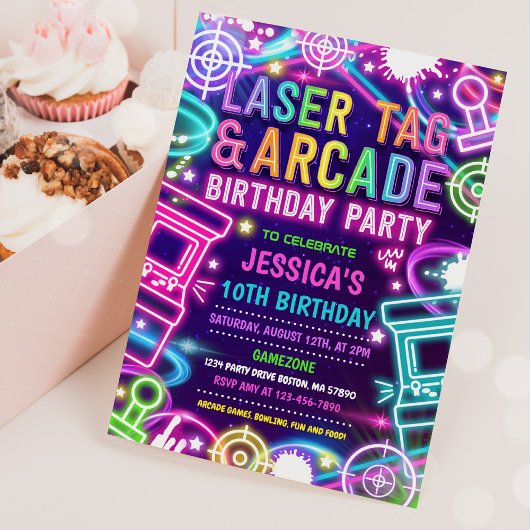 Neon Glow Laser Label en Arcade Birthday Party Kaart