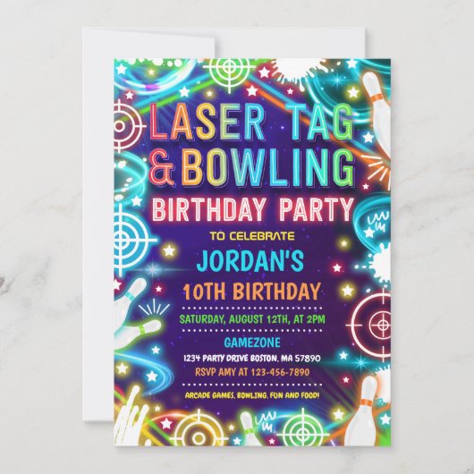 Neon Glow Laser Label en Bowling Verjaardagsfeestj Kaart (Voorkant)