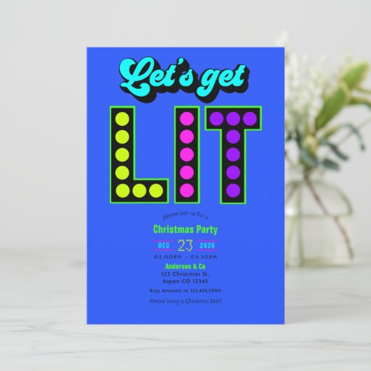 Neon Glow Let’s Get Lit Retro Christmas Party Kaart (Staand voorkant)