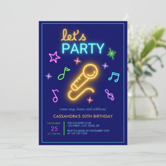 Neon Glow Let's Party Karaoke Verjaardag Kaart (Staand voorkant)
