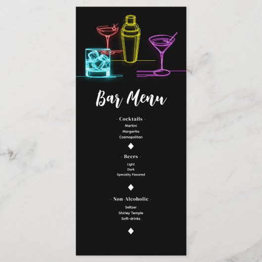Neon Glow Lichten Cocktails Open Bar Huwelijksmenu Menu (Voorkant)