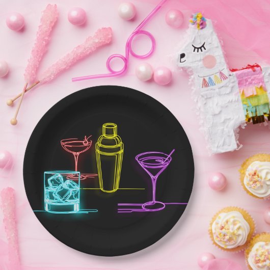 Neon Glow Lichten Kleurrijke Cocktails 21e Verjaar Papieren Bordje (Feest)