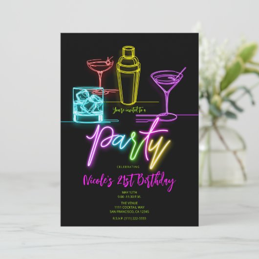 Neon Glow Lights Kleurrijke Cocktails 21e Verjaard Kaart (Staand voorkant)