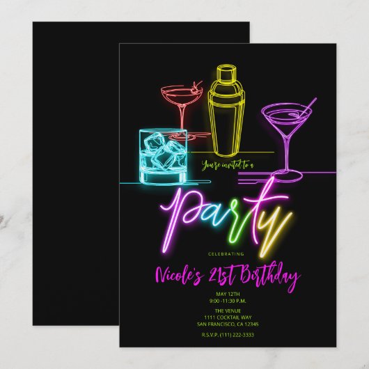 Neon Glow Lights Kleurrijke Cocktails 21e Verjaard Kaart (Voorkant / Achterkant)